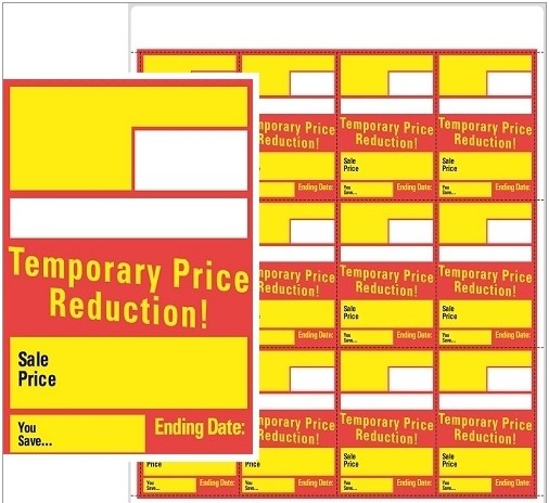 R012052: 12Up 'Temp. Price Reduction' Red/Yellow Adhesive Shelf Talker (100 pk)